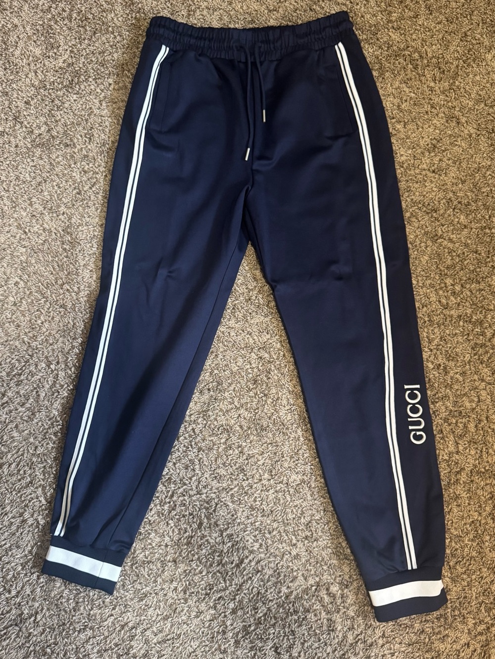 Gucci Navy Blue Track Sweatpants with White Stripes